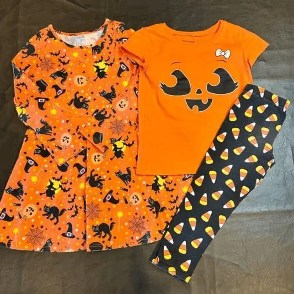 Halloween Dress NWOT & Glow Pumpkin Top, Candy Corn Pants SZ 4 Children’s Place